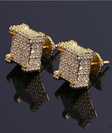 Hip Hop New Custom Iced Out Gold Colour Micro Paved Zircon Square Stud Earring with Screw Back Bling Jewellery for Women Male8876080