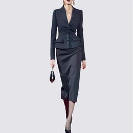 Blazers Women's Suits Blazers Runway Designer Notched Collar Blazer Coat Bodycon Midi Skirts Women Fashion 2 Pcs Sets Women Office Work Dr