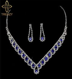 TREAZY 2019 New Royal Blue Crystal Bridal Jewellery Sets Rhinestone Statement Choker Necklace Earrings Women Wedding Jewellery Sets3143613