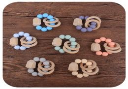 Baby Teether Rings Food Grade Beech Wood Teething Ring Soothers Chew Toys Shower Play Round Wooden Bead Newborn Silicone teethers 7710791