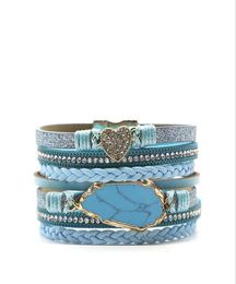 Light Yellow Gold Colour Irregular Shape Blue Turquoises Stone Connect Leather Bracelet For Women Jewellery Link Chain5395941