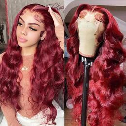Synthetic Wigs Wigs 30 Inch 99j Burgundy Body Wave Lace Front Human Hair Wig Coloured Glueless Hair Wigs for Women 180%density Red 13x4 13x6 Hd Lace Fr