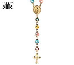 RIR Jesus Christ Cross Evil Eye Bead Catholic Religious Rosary Long Crucifixes Necklace Stainless Steel Men Women3290494