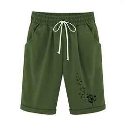 Women's Shorts For Women Summer Vintage Cotton Linen Flower Print Drawstring Pockets Casual Loose Fitting Straight Leg Pants