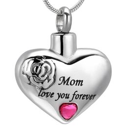 IJD10034 Mom Love You Forever Heart Cremation Necklace Red Stone Inlay Funeral Urn Ashes Holder Human Cremation Casket for Loved O238H