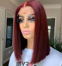 99J Burgundy Short BoB Wig Straight Coloured Human Hair Wigs For Women Dark Red Lace Part Wig Pre Plucked Synthetic Hair6494210