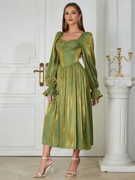 Casual Dresses Elegant Green Long Puff Sleeve Women Maxi Sexy Square Lace Up Ruched Fashion Birthday Celebrity Evening Party Dress Club