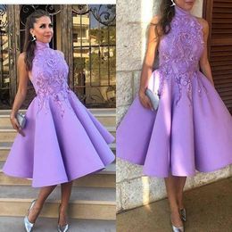 Light Purple High Neck Homecoming Dresses Sleeveless Lace Satin Tea-Length Short Party Prom Gown Appliques Custom Mdae 231227