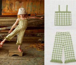 EnkeliBB Super Fashion Girls Summer Sling Vest and Pants Cute Green Plaid Knit Tops and Pants Outfits Misha Puff Baby Girl Sets AA8241634