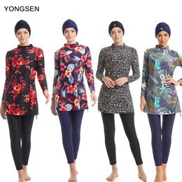 set Yongsen Muslim Swimwear Women Modest Burkinis Patchwork Full Cover Long Sleeve Print Swimsuit Islamic Hijab Islam Wear Bathing