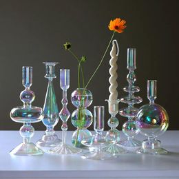 Holders Candle Holders Luxury Iridescent Candle Holders Decor for Table Nordic Rainbow Vase Flower Home Decoration Glass Candlestick Weddi