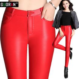 Jeans High waist leather pants women PU leggings Red plus size winter warm slim skinny casual pencil pants female trousers 210519