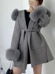 Women's Wool Blends OFTBUY Oversize Ladies Outerwear 2023 Real Fur Coat Winter Jacket Women Natural Fox Fur Collar Cuffs Hood Cashmere Wool Woolen J231227