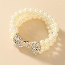 New Baroque Multilayer Imitation Pearl Bracelet Metal Gold Bow Rhinestone Charm Bracelets for Women Party Jewellery Accessories1310k
