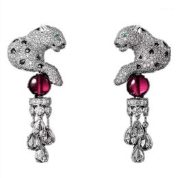 Dangle & Chandelier S925 Leopard Animal Earring Paved Cubic Zirconia Panther Waterdrop Tassel With Crystal Ball Earrings For Women243v