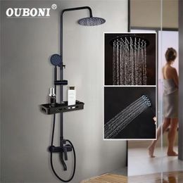 Sets OUBONI Matte Black Bathroom Shower Mixer Faucet Rainfall Shower Faucets Set Lever Bathtub Shower Mixer Faucet W/ Storage Shelf LJ2