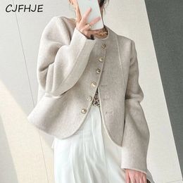 CJFHJE Pink Faux Woolen Coat Women Korean Fashion Designed Button Loose Cropped Tops Female Casual Streetwear Blended Jacket 231227