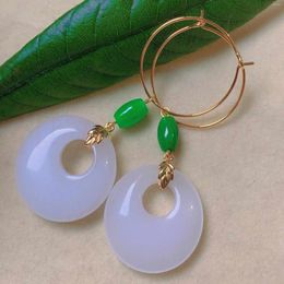 Dangle Earrings Natural Oblateness White Jade Jadeite Eardrop Gold Earring Beautiful Party Hook Mother's Day Women VALENTINE'S Classic
