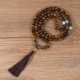 Pendant Necklaces YUOKIAA 8mm Natural Yellow Tiger Eye&Black Sparkle&Opal Stone Beaded Silk Tassel Necklace Spirit Buddha Jewellery Gift