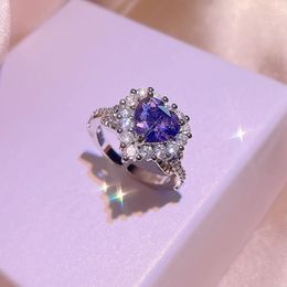 Lovely Blue Luxury CZ Zircon Heart Designer Earring Ear Rings for Women Love Hearts Sweet Shining Crystal Purple Stone Ring Earrings Necklaces Jewelry Set