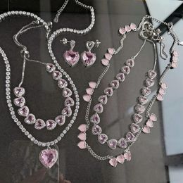Necklace Pink Zircon Bracelet, Earrings & Necklace Set Super Bling & Luxury Wedding Jewelries Big Crystal Stones 18k Platinum Cover Brass