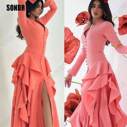 SONDR Pink Button V Neck Tiered Saudi Arabic Evening Dresses Pleats Satin Long Sleeves Dubai Formal Dress Women Prom Party Gowns 231227