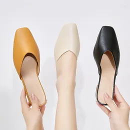 Slippers 2023 Summer Square Head Thick Heel High Soft Leather Fashion Muller Shoes Baotou Back Hollow Half Retro Women'