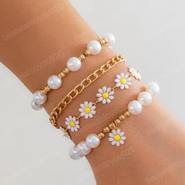 Bohemian Imitation Pearl Beaded Bracelet for Women Link Chain Flower Charm Bangles Sets Girls Trendy Jewellery Party Wedding