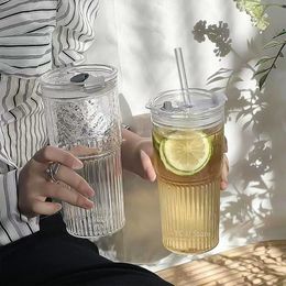 600ml Stripe Glass Cup Transparent Glasses With Lid and Straw Drinking Coffee Mug Juice Milk Tea Water Cups Drinkware 231227