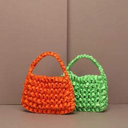 Bags 2021 Women Summer Fashion Knitting Small Woven Crochet Bag Silk Weaving Satin Ribbon Green Purple Orange ClutchesMini Handbags
