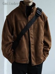 Autumn Winter Workwear Baseball Jacket Men's Solid Cargo Dark Lapel Coat Unisex Niche Unisex Japan Vintage Zipper Suede Jacket 231226