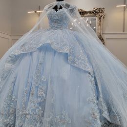 Sparkly Sky Blue Princess Ball Gown Quinceanera Dresses 2024 Appliques Lace Beads With Cape Sweetheart Sequined Vestidos De 15 Anos