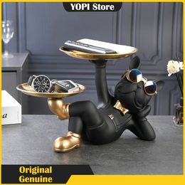 Resin Home Decor Dog Statue Butler with Tray Live Room French Bulldog Figurines Table Ornaments Decorative Sculpture Gift 231226