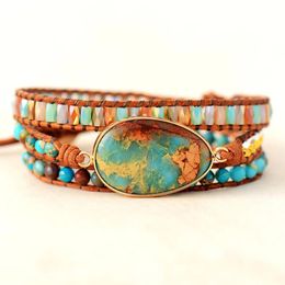 Bracelets High End Women Leather Wrap Bracelets W/ Vibrant Stones Crystal Beads Bracelet Boho Spiritual Jewellery Bijoux Dropship