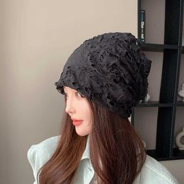 Beanie Skull Caps Solid Coloured Pile Up Hats for Women Spring and Autumn Knitted Postpartum Hats Fashionable Bun Versatile Hollowed Out Net Red Cold Winter