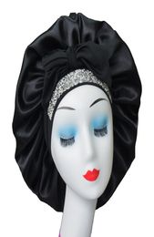 high quality satin rhinestone luxury bling bonnet hair sleep cap with tie strap7544115