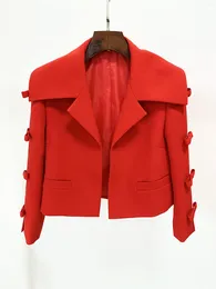 Women's Jackets High Quality 2024 Fashion Red Slim Fit Jacket Sexy V-Neck Three Quarter Hollow Bow Street Short Cardigan Coat