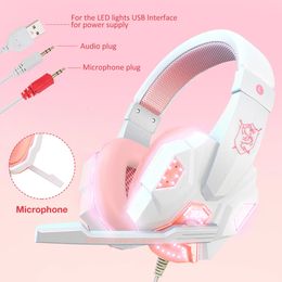 QearFun Pink Headphones for PC Girls Gaming Headset with Microphone Gamer PS4 Windows XP 7 8 10 Laptop Phone 231226