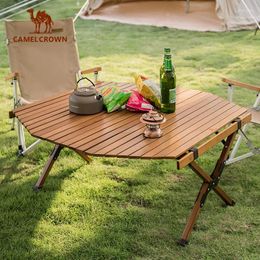 Camp Furniture Outdoor Camping Wooden Octagonal Egg Roll Table Home Courtyard Barbecue Solid Wood Picnic Stall Portable Folding