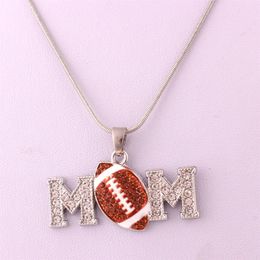 HS05 Mother's Day Gift zinc alloy Crystal football MOM pendant with wheat link chain lobster clasp necklace326W