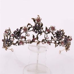 Baroque Vintage Black Purple Crystal Pearls Bridal Tiaras Crown Pageant Diadem Veil Tiara Wedding Hair Accessories 210701222m