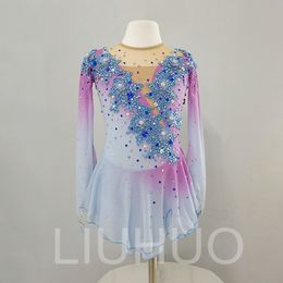 JoyCan Figure Skating Dress Girls Teens Blue Gradient Ice Skating Dance Skirt Quality Crystals Dancewear Ballet Performance