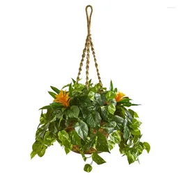 Decorative Flowers 31" Bromeliad & Pothos Artificial Plant In Hanging Basket Green