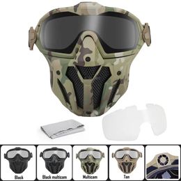 2 Lens Tactical Full Face Mask with Micro Fan Anti fog Hunting Shooting Military Combat Masks Airsoft Paintball Goggles Set 231227