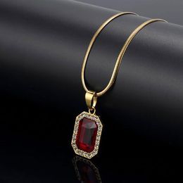 Red Lab Ruby Rectangle GEM Pendant Bling Simulated Diamonds Ruby Jewellery 18K Yellow Gold Plated Necklace Snake Bone chain275d