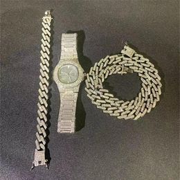 Hip Hop Necklace Watch Bracelet Bling Iced Out Miami Zircon Cuban Full Pave Rhinestone Men Bracelet Necklace For Men Jewelry202x