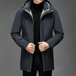 Men's mid length high necked hooded down jacket, winter new 90 gray duck down loose and thickened warm jacket