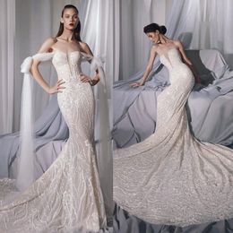 Slim Fitting Mermaid Wedding Dresses 3D-Lace Sexy Tulle V-Neck Beads Sweep Train Party Events Bride Dresses Size Custom Made D-H23805