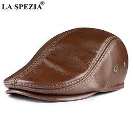 LA SPEZIA Cowskin Mens Beret Real Leather Flat Cap Brown Earflaps Warm Autumn Winter Gatsby Driver Ivy Hat sboy 231226