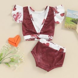 Clothing Sets Baby Girl Valentines Day Outfit Heart Print Crop Top Backless Ruffle Sleeveless Infant Bloomer Shorts Summer Clothes